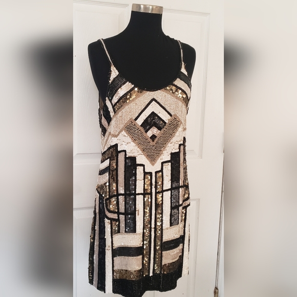 PARKER Art Deco Flapper style GATSBY SEQUIN MINI DRESS Tunic M 4 6 - Picture 1 of 8